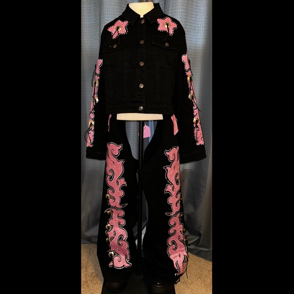 Sugar Thrillz Jackets & Blazers - Sugar Thrillz Dolls Kill LONGING HEART Black Pink Denim Jacket Chaps SET L NWT